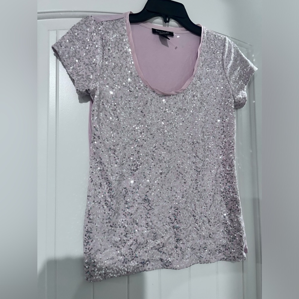 White House Black Market Pink Sequin Short-Sleeve Scoop Neck Top